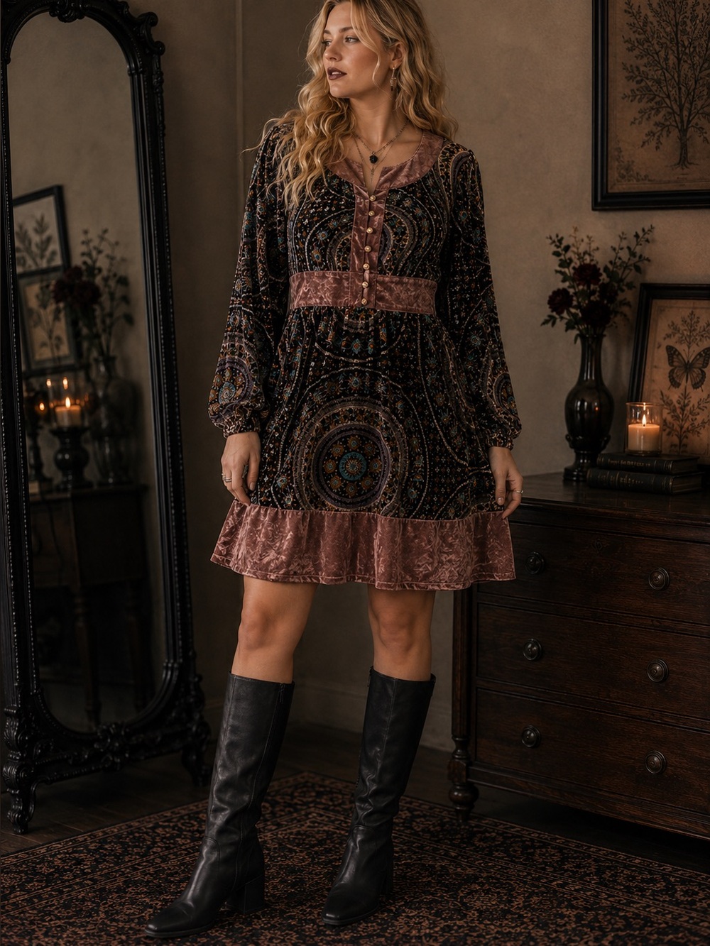 Theme NYC Velvet-Trim Boho Whimsigoth Dress Size M
